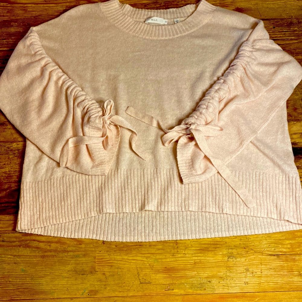 ALC Very Soft Pink Sweater with adjustable Rushing Tie Sleeves. Size Small
